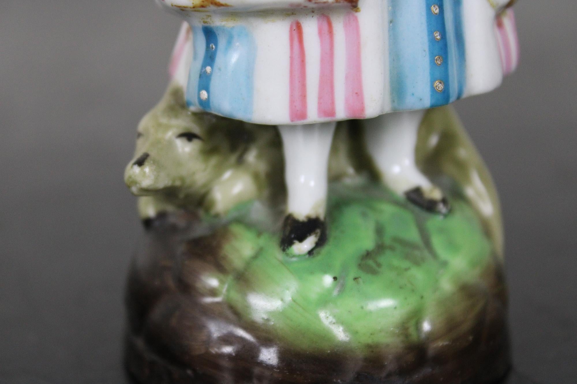 Antique Staffordshire Miniature Red Riding Hood Peasant Woman with Basket & Wolf 3