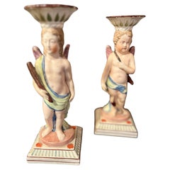 Antique Staffordshire Pair Pottery Candlesticks Figurines