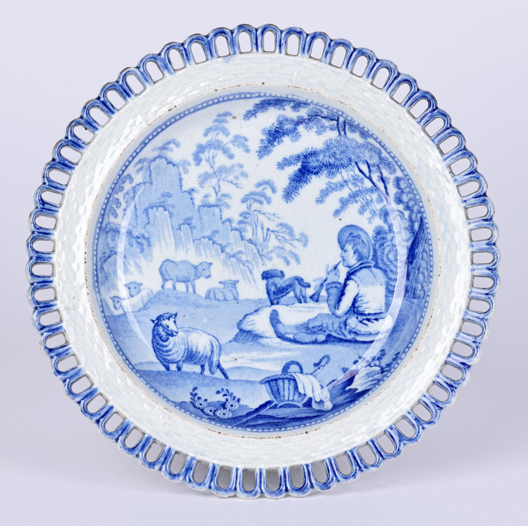 English Antique Staffordshire Pearlware Shepherd & Sheep Ribbon Plate For Sale
