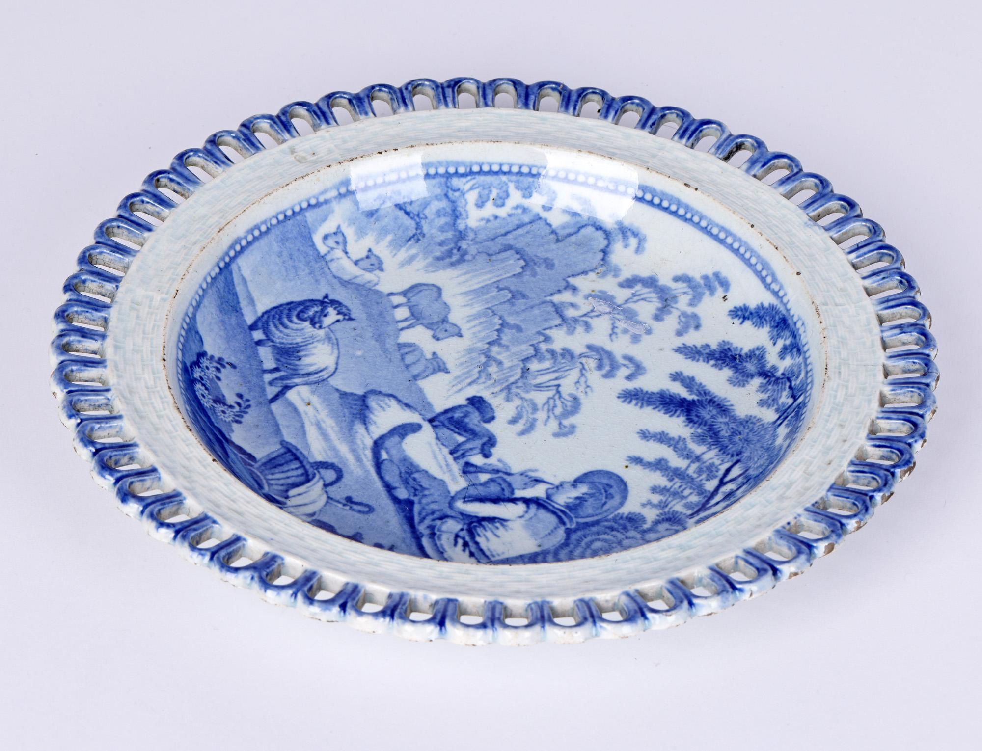 Glazed Antique Staffordshire Pearlware Shepherd & Sheep Ribbon Plate For Sale