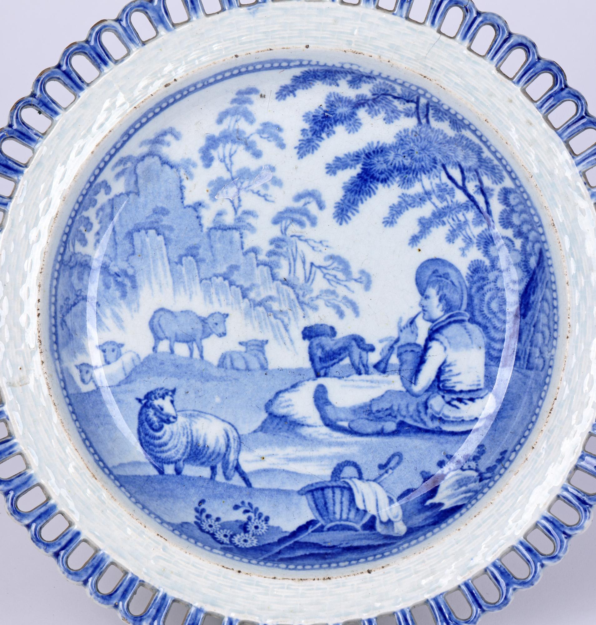 Early 19th Century Antique Staffordshire Pearlware Shepherd & Sheep Ribbon Plate For Sale