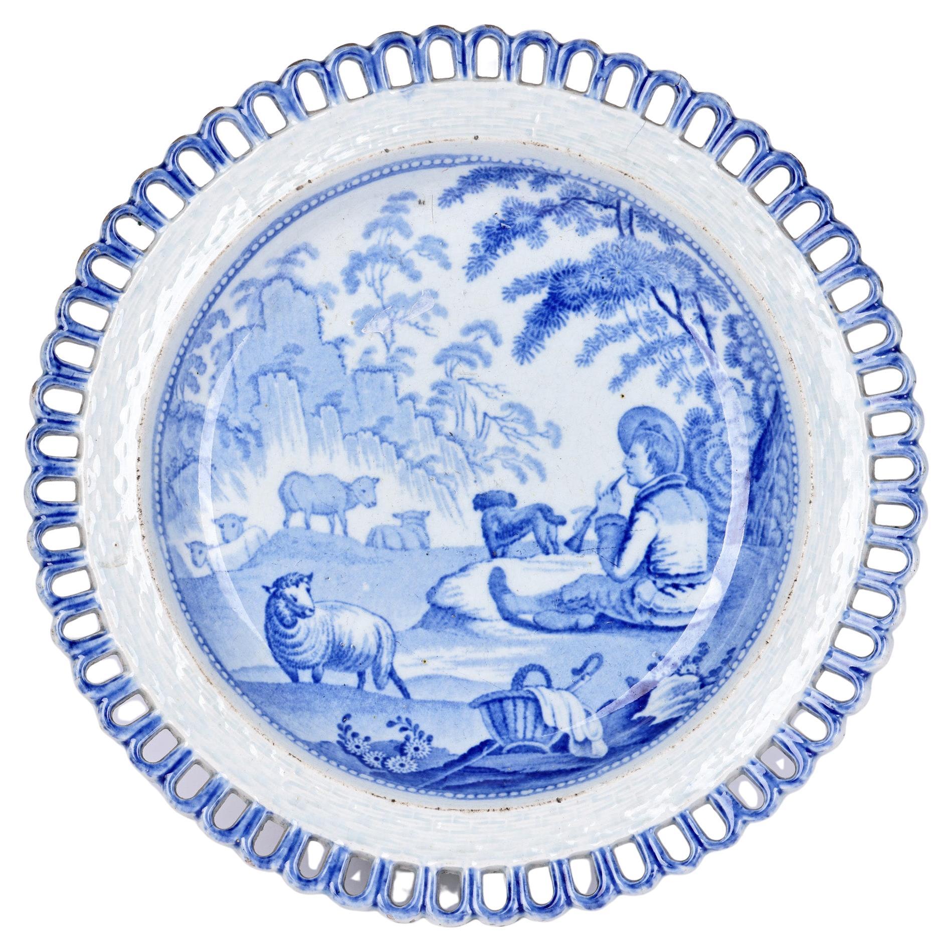 Antique Staffordshire Pearlware Shepherd & Sheep Ribbon Plate For Sale
