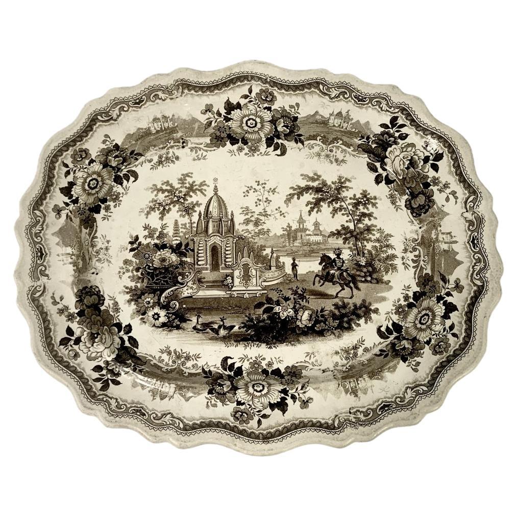Antique Staffordshire Platter With Temple Warriors For Sale