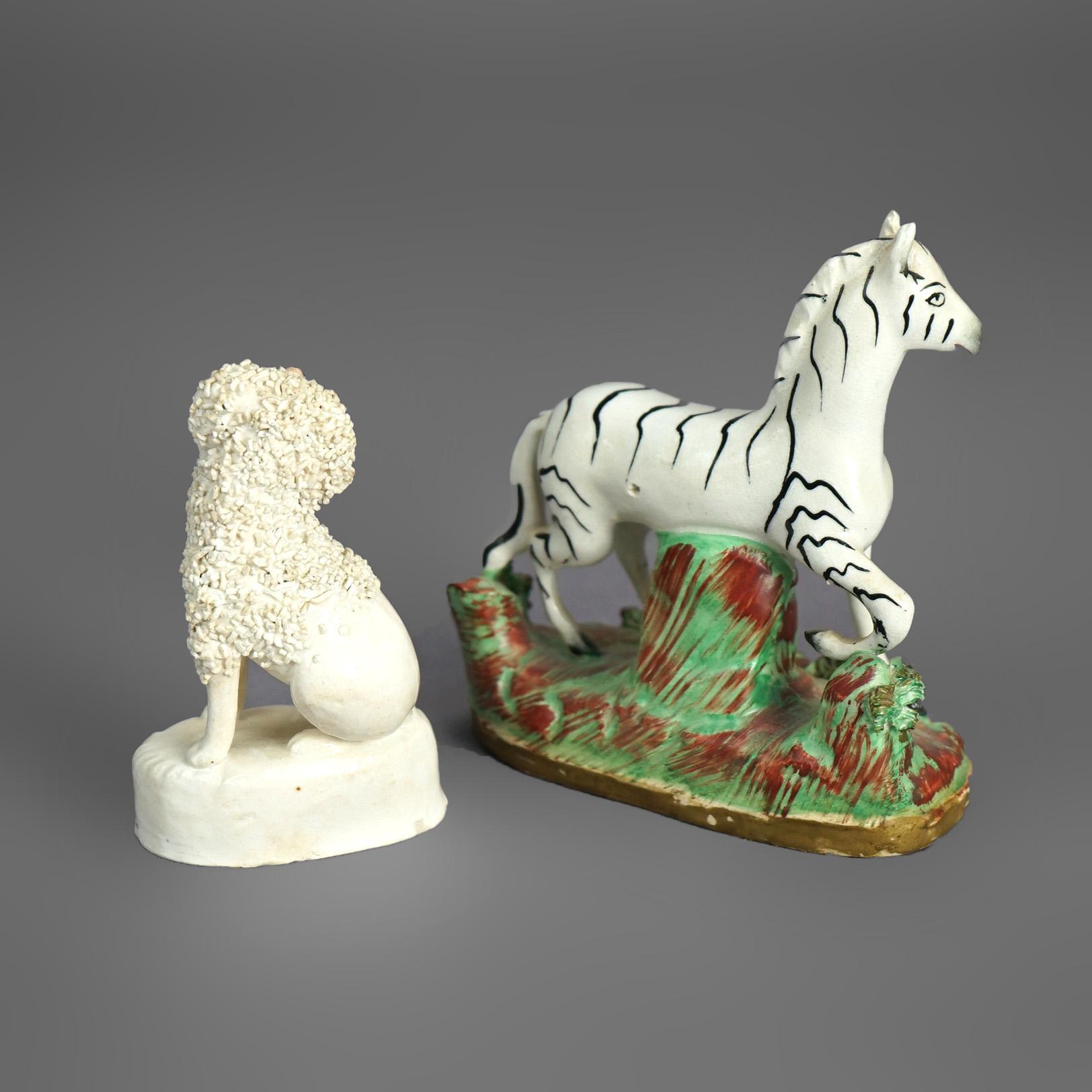 Antique Staffordshire Polychromed Porcelain Zebra & Poodle Dog Figures C1870 In Good Condition For Sale In Big Flats, NY