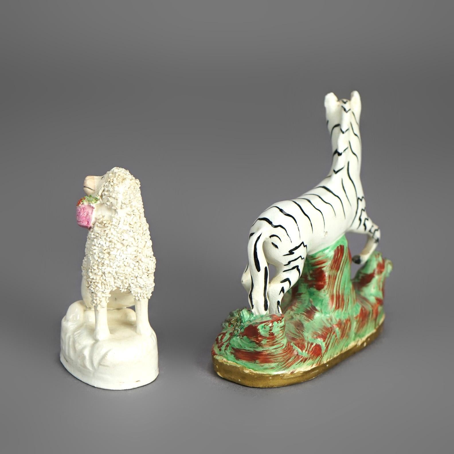 19th Century Antique Staffordshire Polychromed Porcelain Zebra & Poodle Dog Figures C1870 For Sale