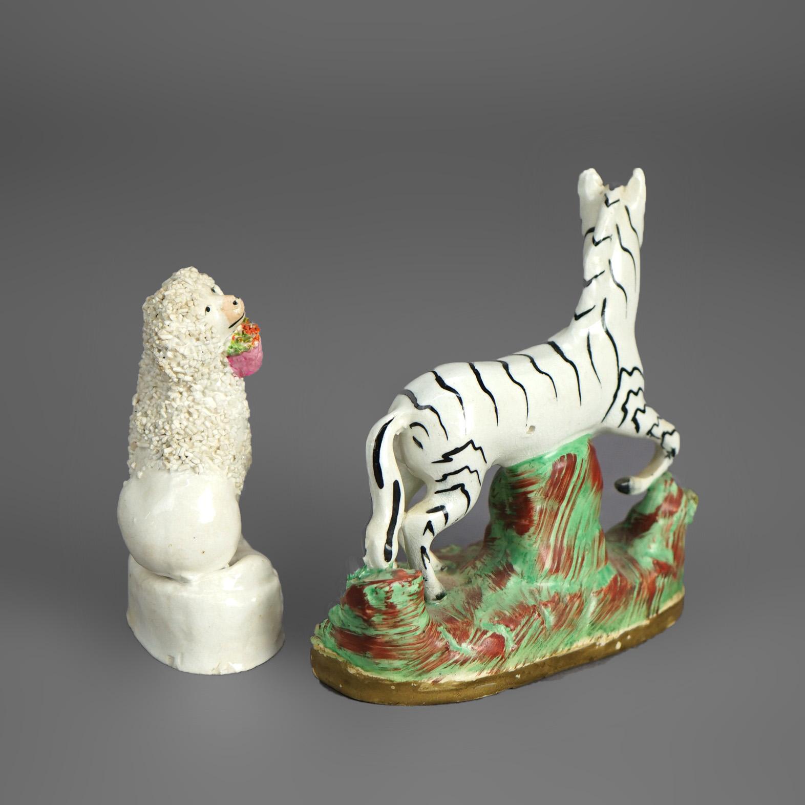19th Century Antique Staffordshire Polychromed Porcelain Zebra & Poodle Dog Figures C1870 For Sale
