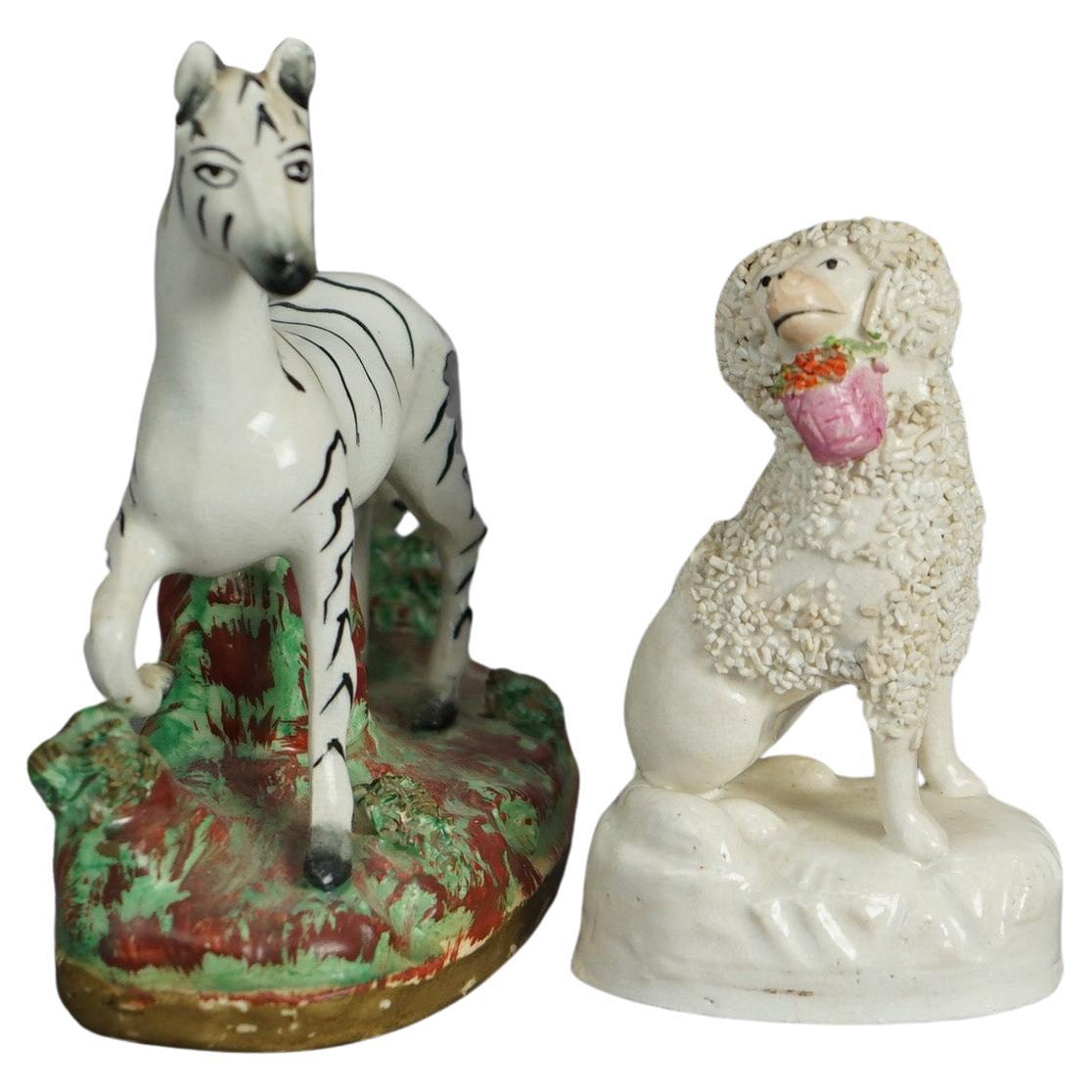 Antique Staffordshire Polychromed Porcelain Zebra & Poodle Dog Figures C1870 For Sale