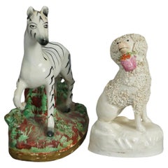 Antique Staffordshire Polychromed Porcelain Zebra & Poodle Dog Figures C1870