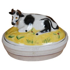 Antique Staffordshire Porcelana Vaca Tapa Mantequera Sopera Baratija 7"