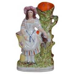 Antique Staffordshire Porcelain Girl Game Pheasant Rabbit Spill Vase 11"
