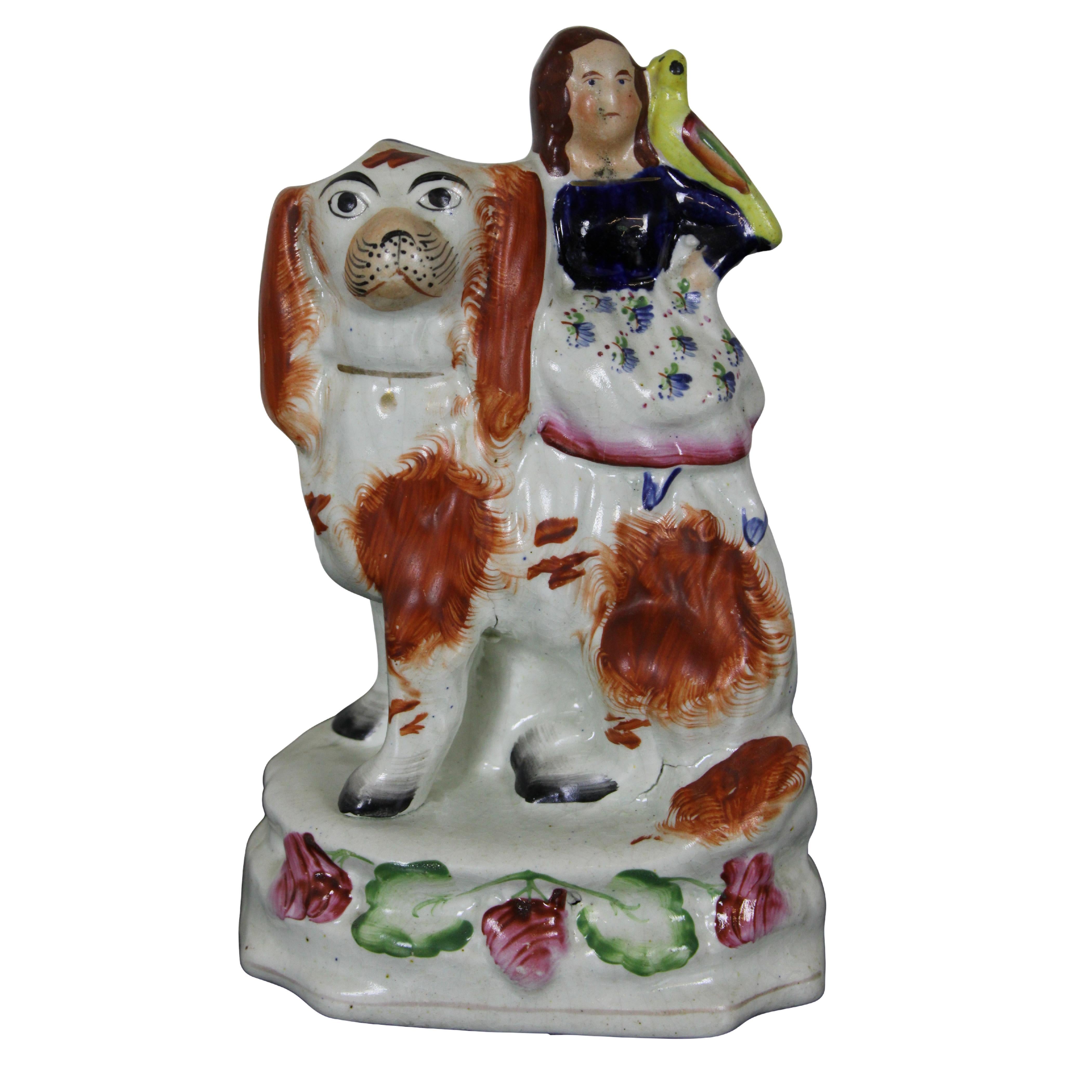 Antique Staffordshire Porcelain Girl & Spaniel Dog Figurine
