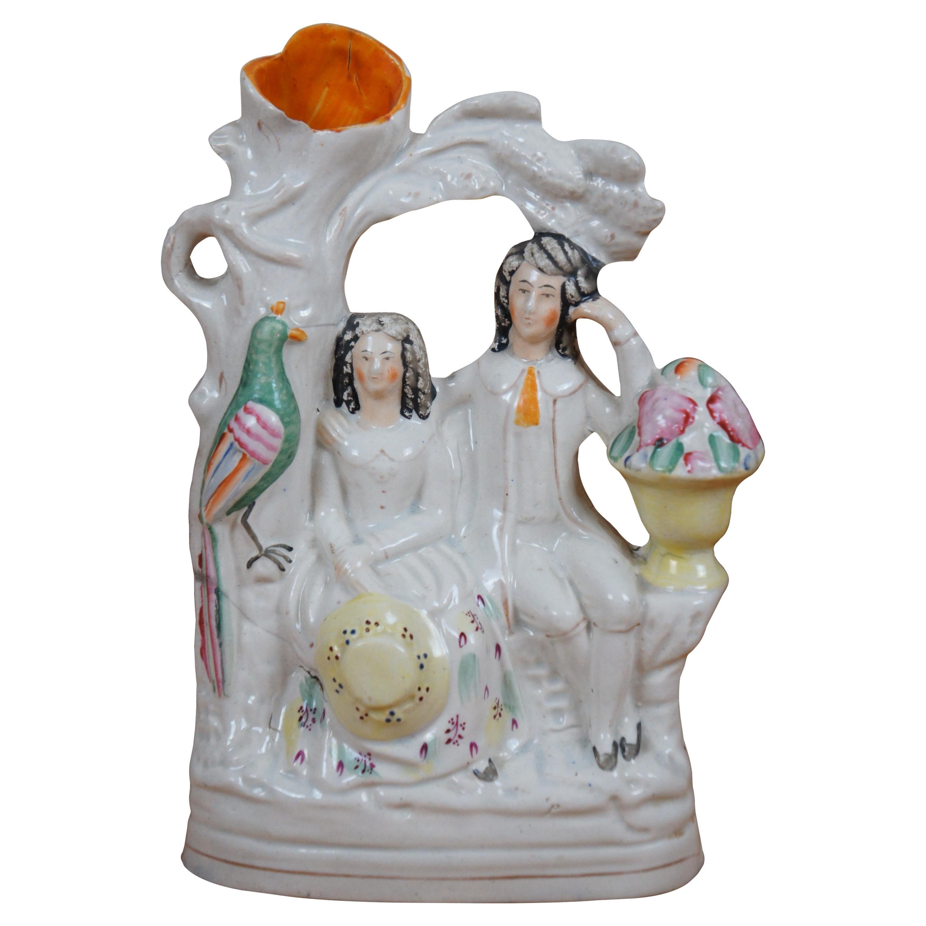 Antique Staffordshire Porcelain Lovers Tree Seated Couple Spill Vase 11"