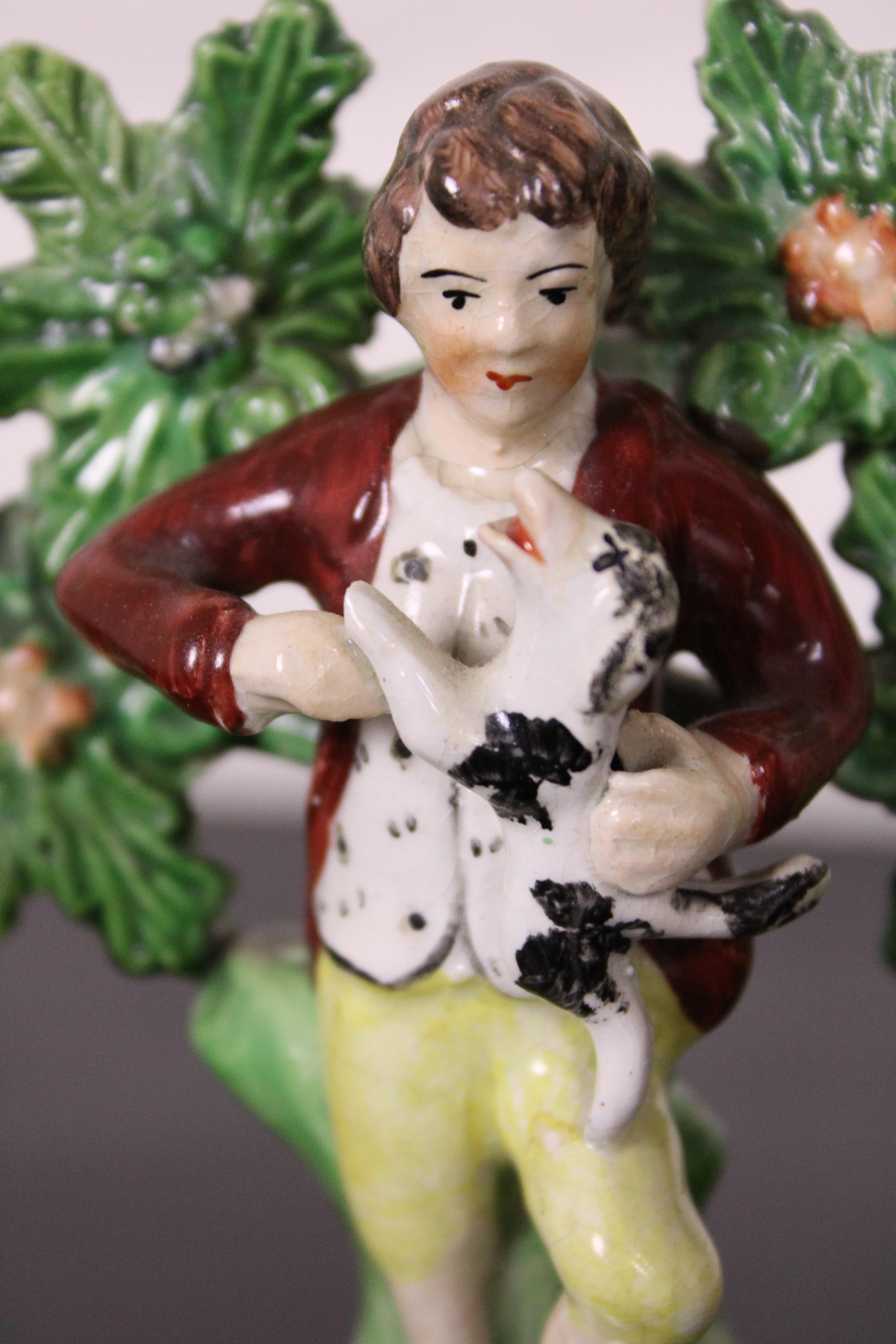 Antique Staffordshire Porcelain Pearlware Bocage Figurine Boy Dog Tree For Sale 6