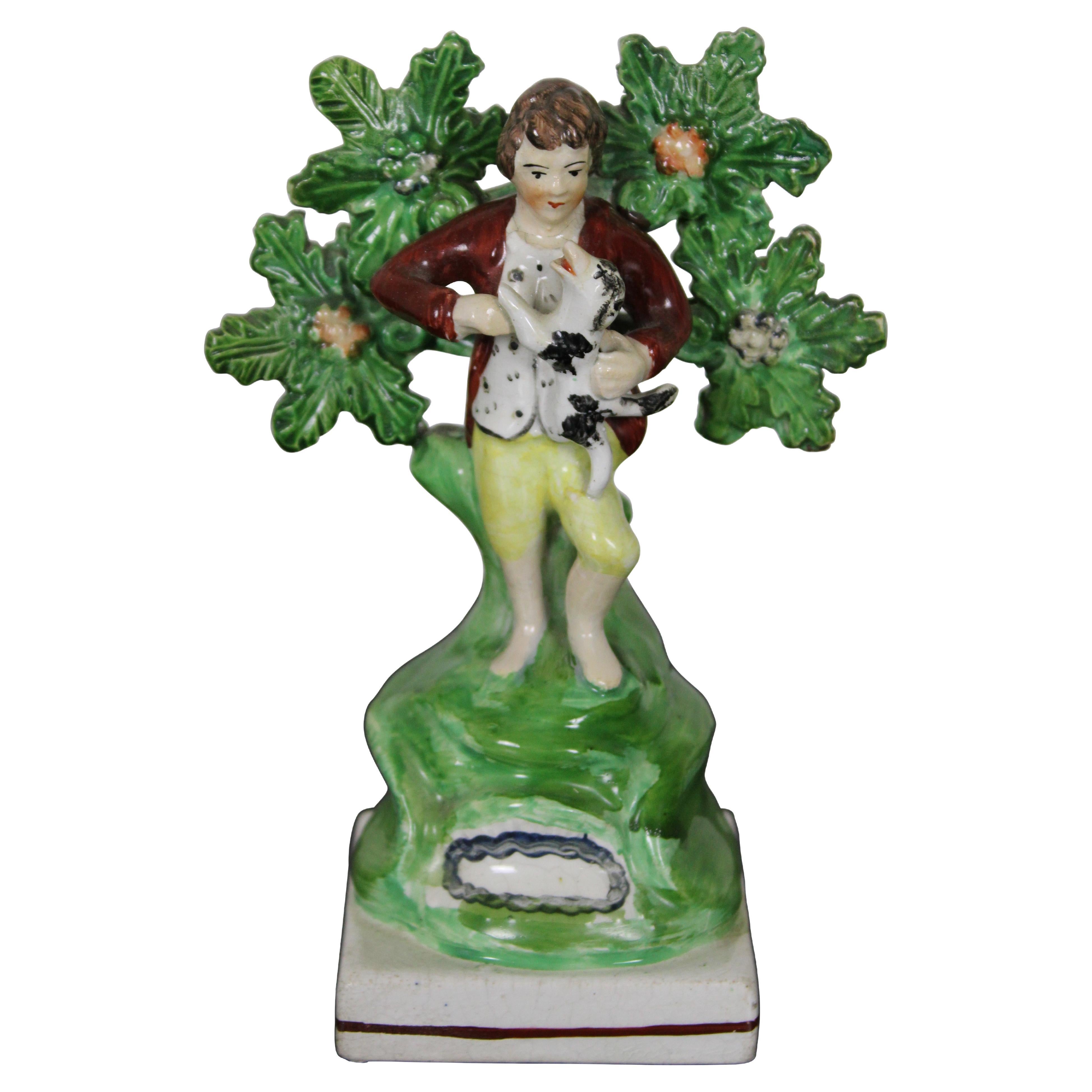 Antique Staffordshire Porcelain Pearlware Bocage Figurine Boy Dog Tree
