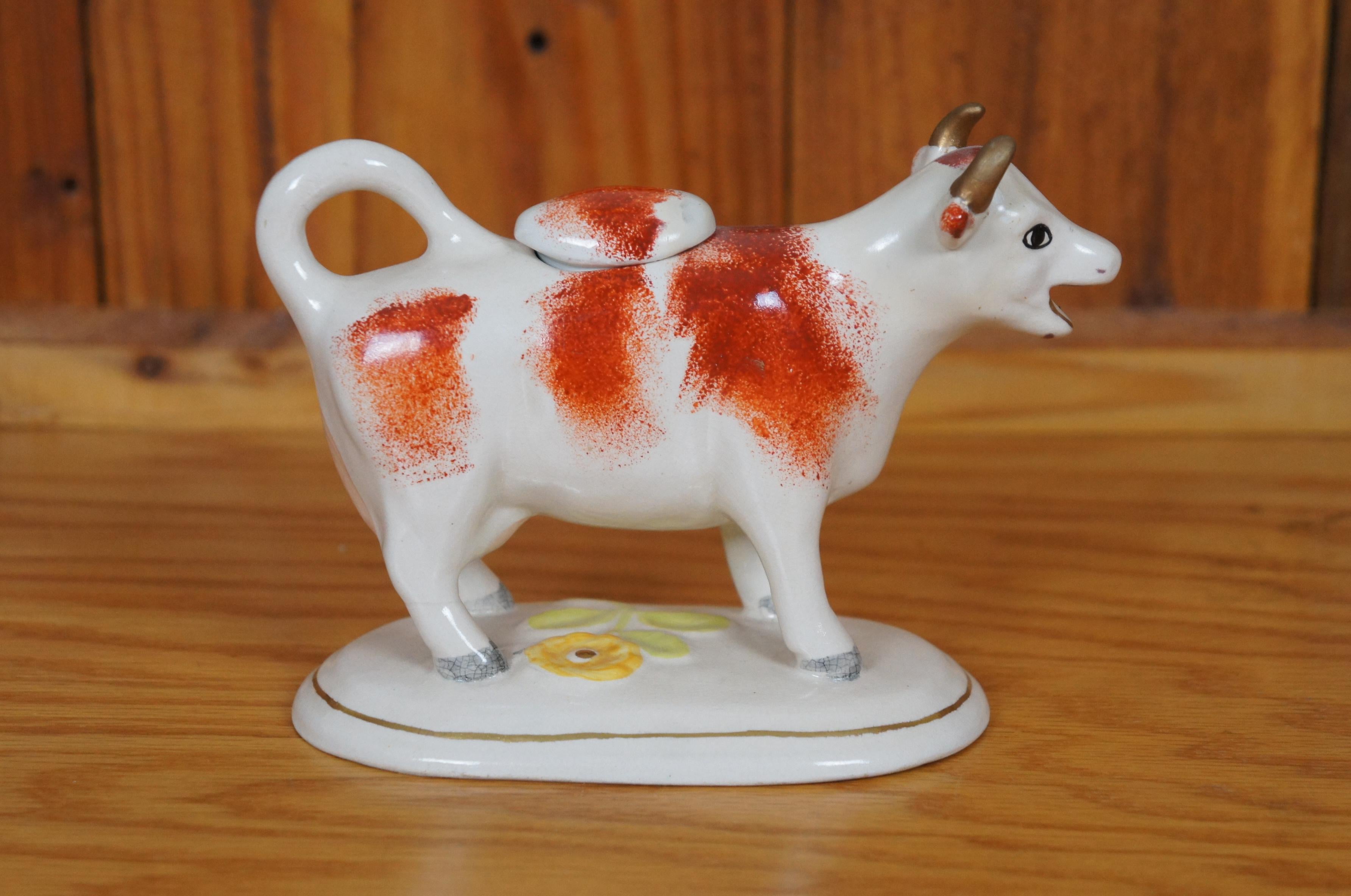 Antiker Staffordshire-Porzellan-Krug in Rot & Weiß mit Kuh und Gänseblümchen in Gänseblümchenform, 7