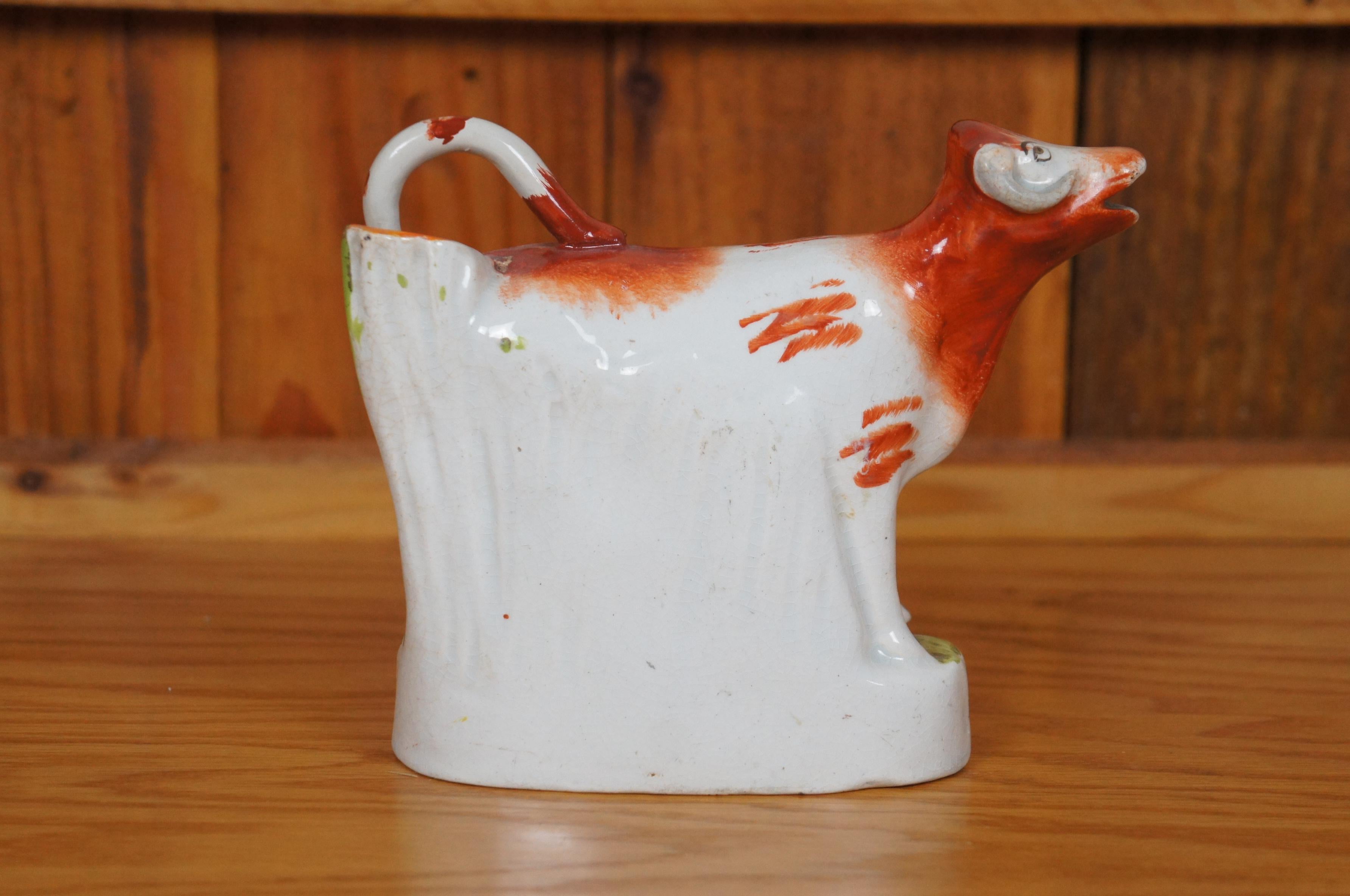 19th Century Antique Staffordshire Porcelain Red & White Cow Spill Vase Creamer Pitcher 7