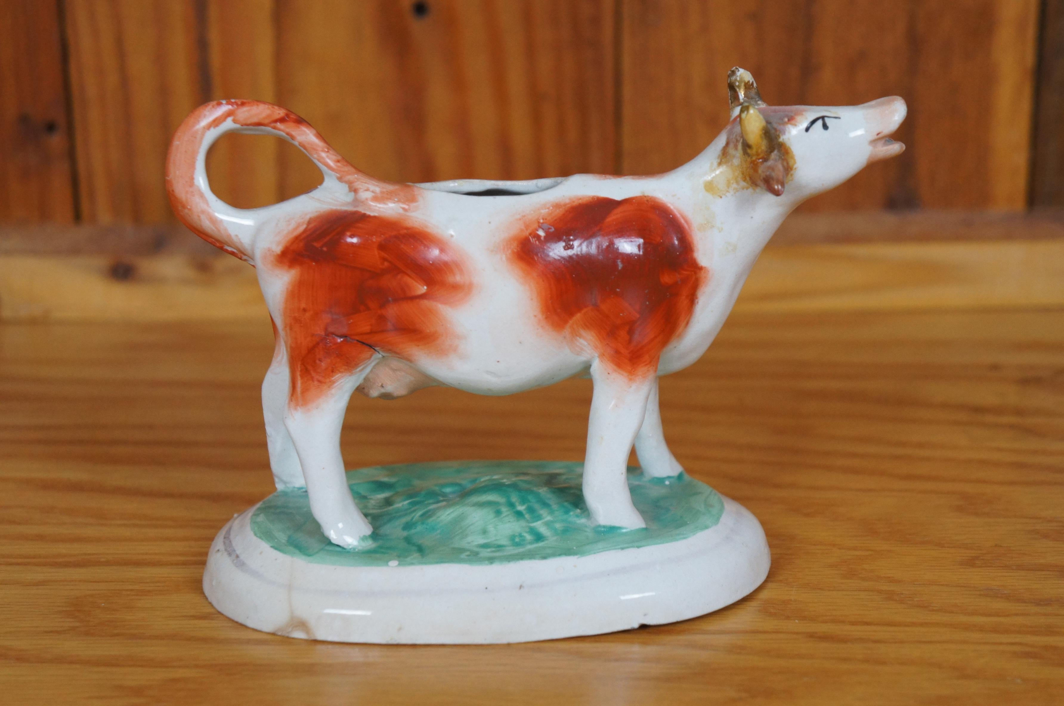 XIX secolo Antique Staffordshire Porcelain Red & White Dairy Cow Creamer Pitcher 7