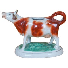 Antique Staffordshire Porcelain Red & White Dairy Cow Creamer Pitcher 7"