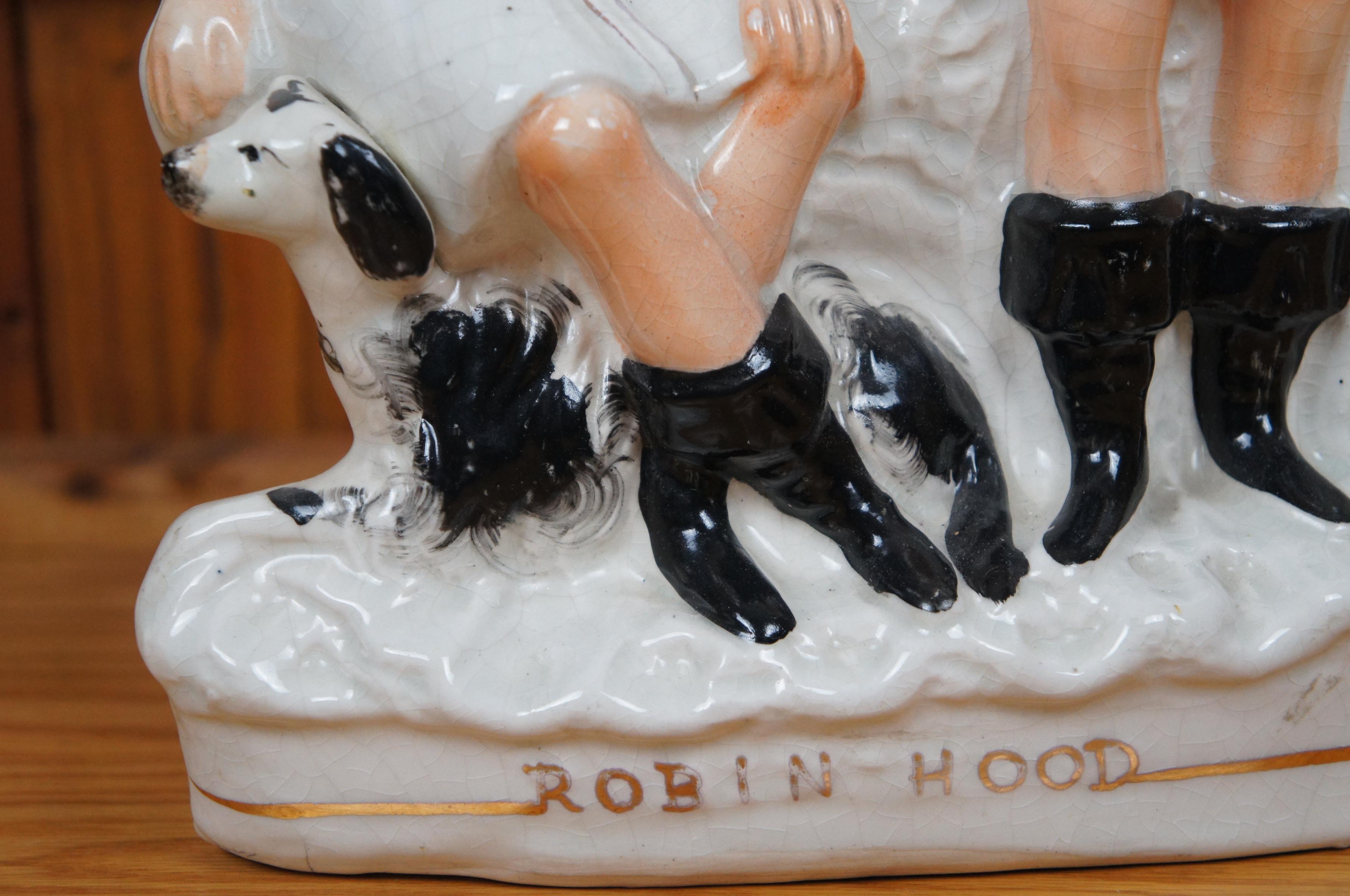 Antico vaso di porcellana Staffordshire Robin Hood Little John & Spaniel Spill 15