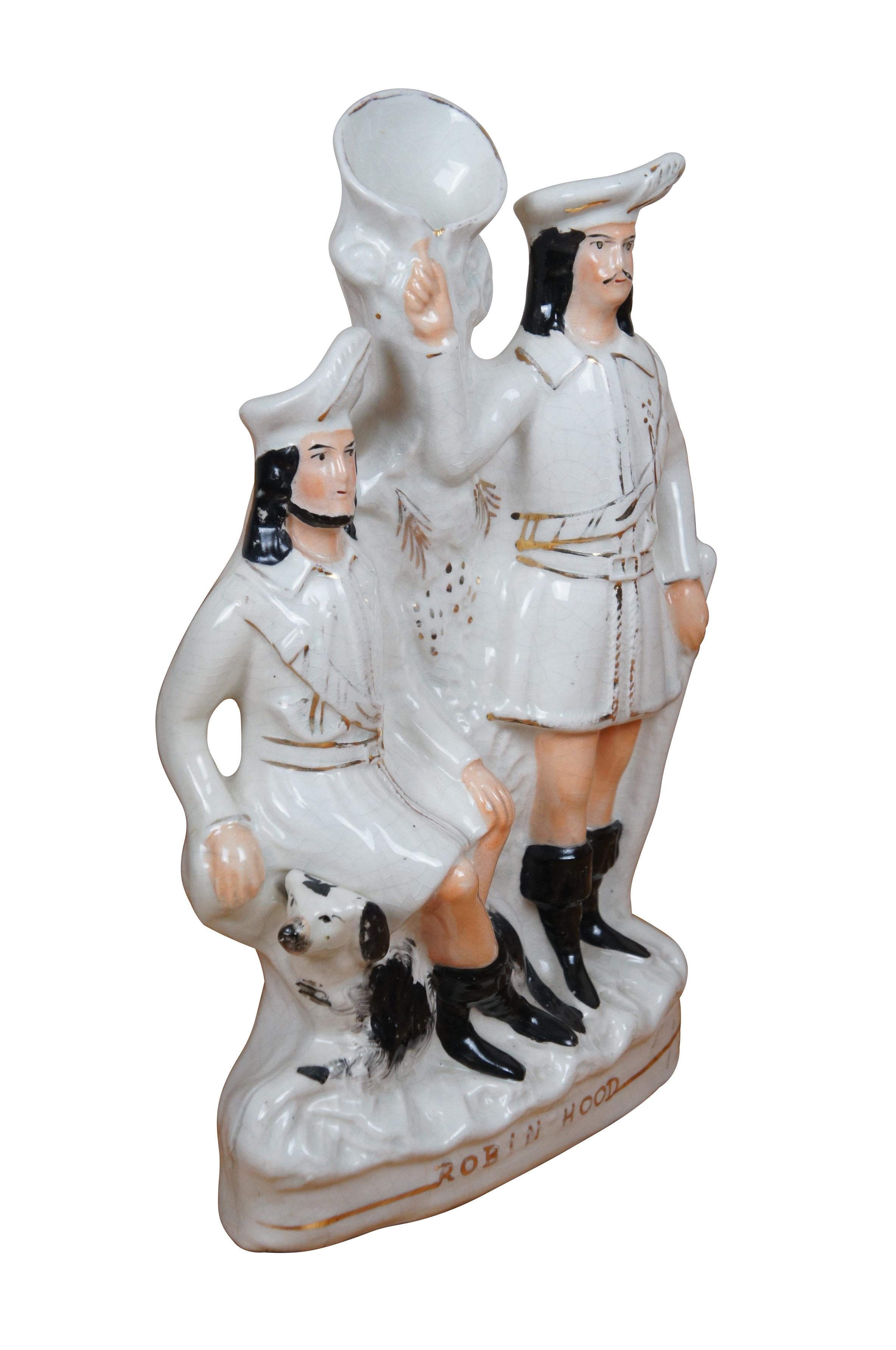 Vittoriano Antico vaso di porcellana Staffordshire Robin Hood Little John & Spaniel Spill 15