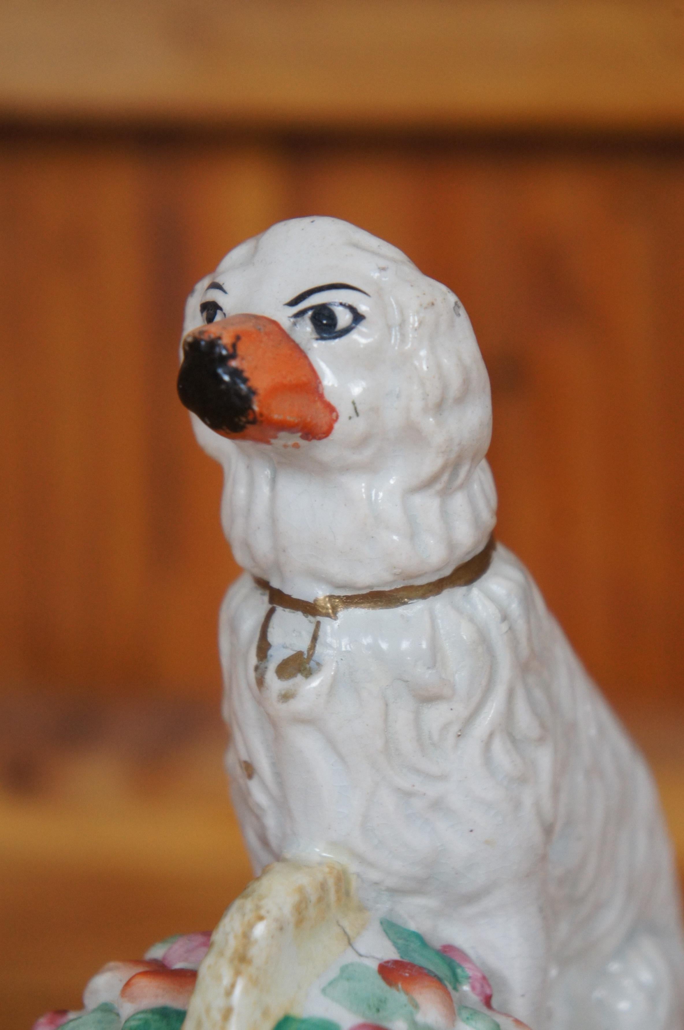 Antique Staffordshire Porcelain Spaniel Dog with Flower Basket Figurine 7