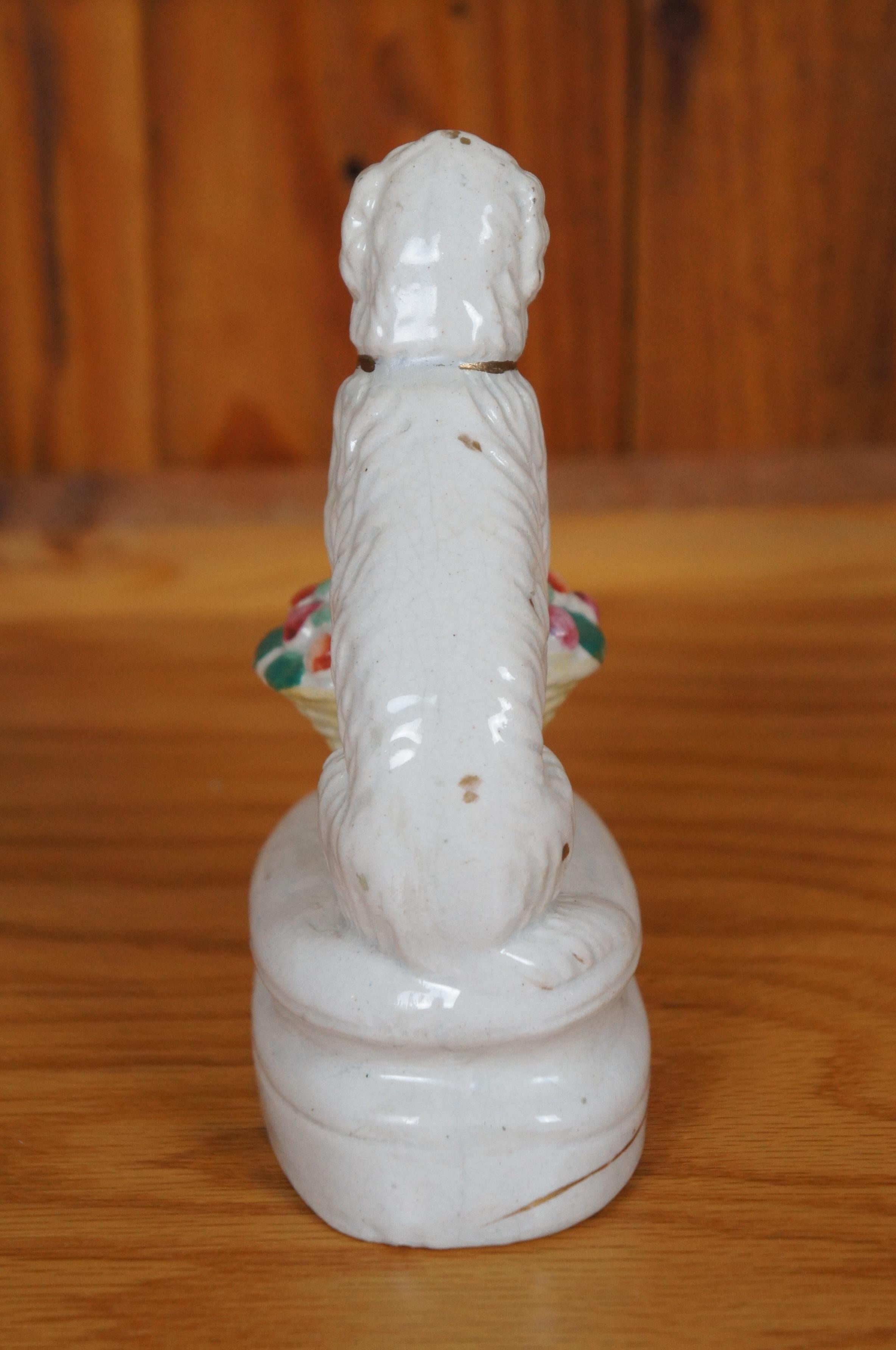 Antique Staffordshire Porcelain Spaniel Dog with Flower Basket Figurine 7