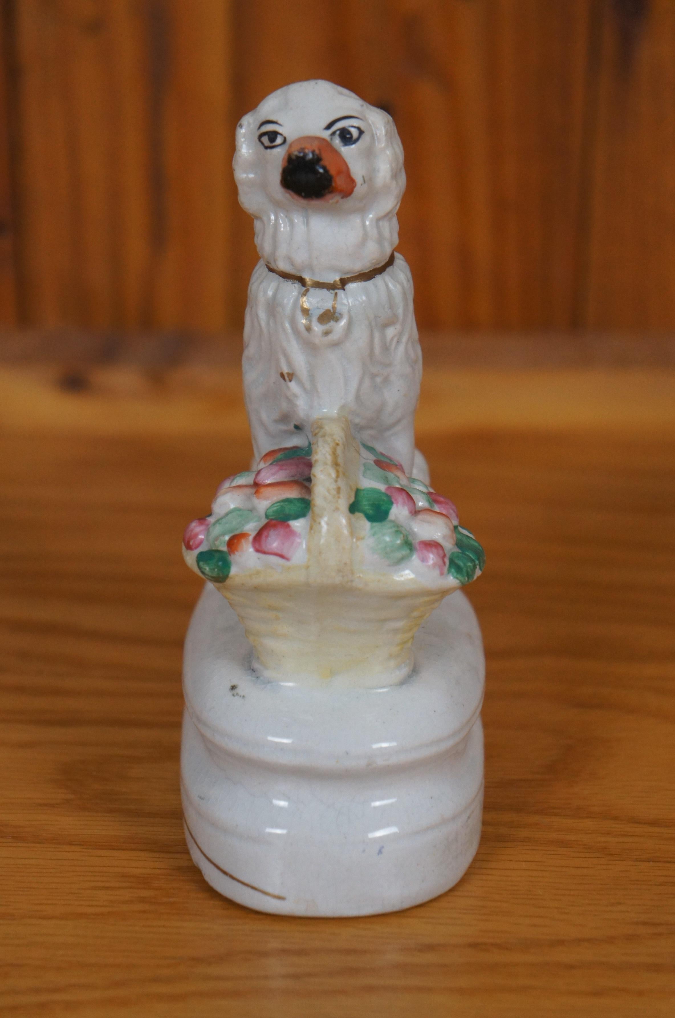 Antique Staffordshire Porcelain Spaniel Dog with Flower Basket Figurine 7