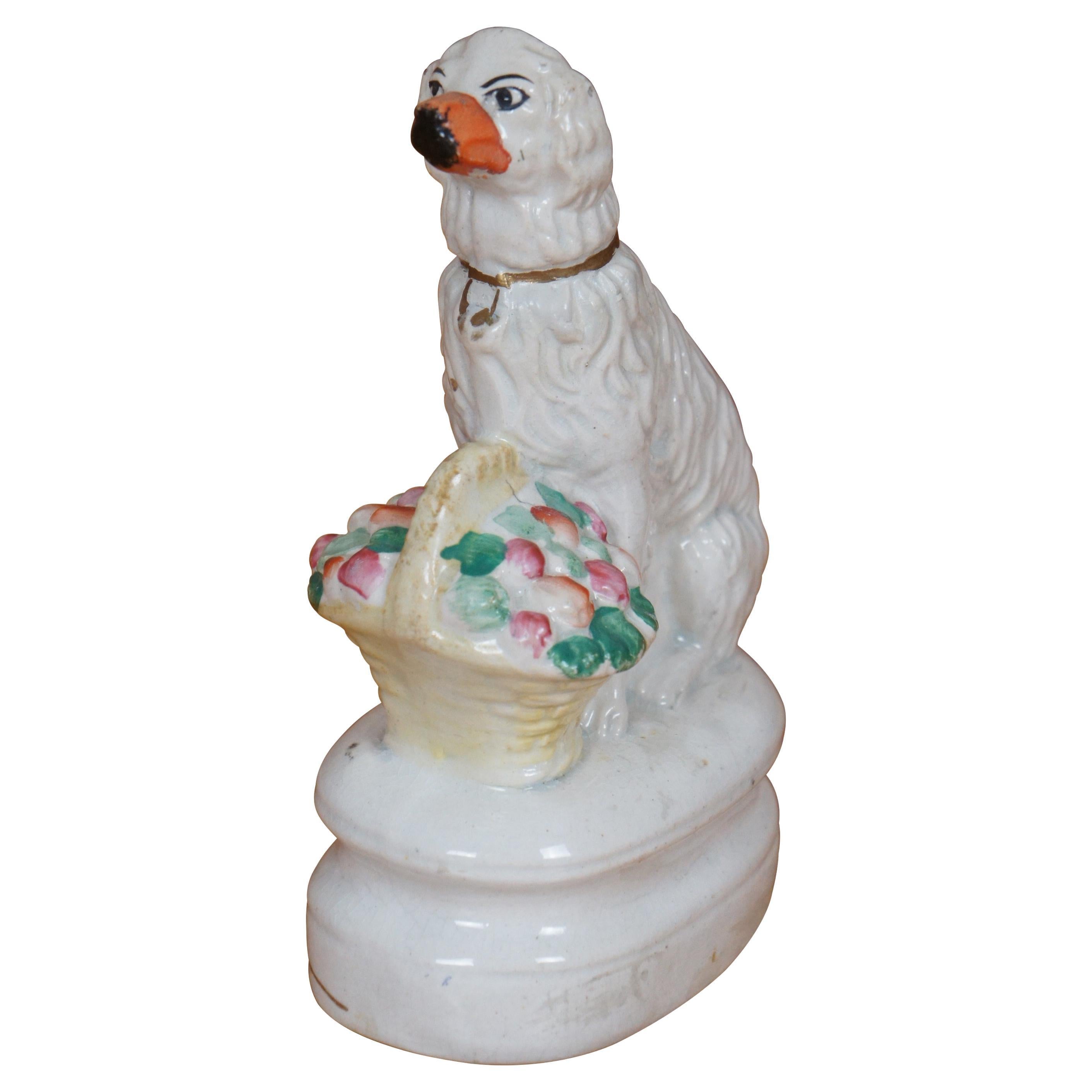 Antique Staffordshire Porcelain Spaniel Dog with Flower Basket Figurine 7"