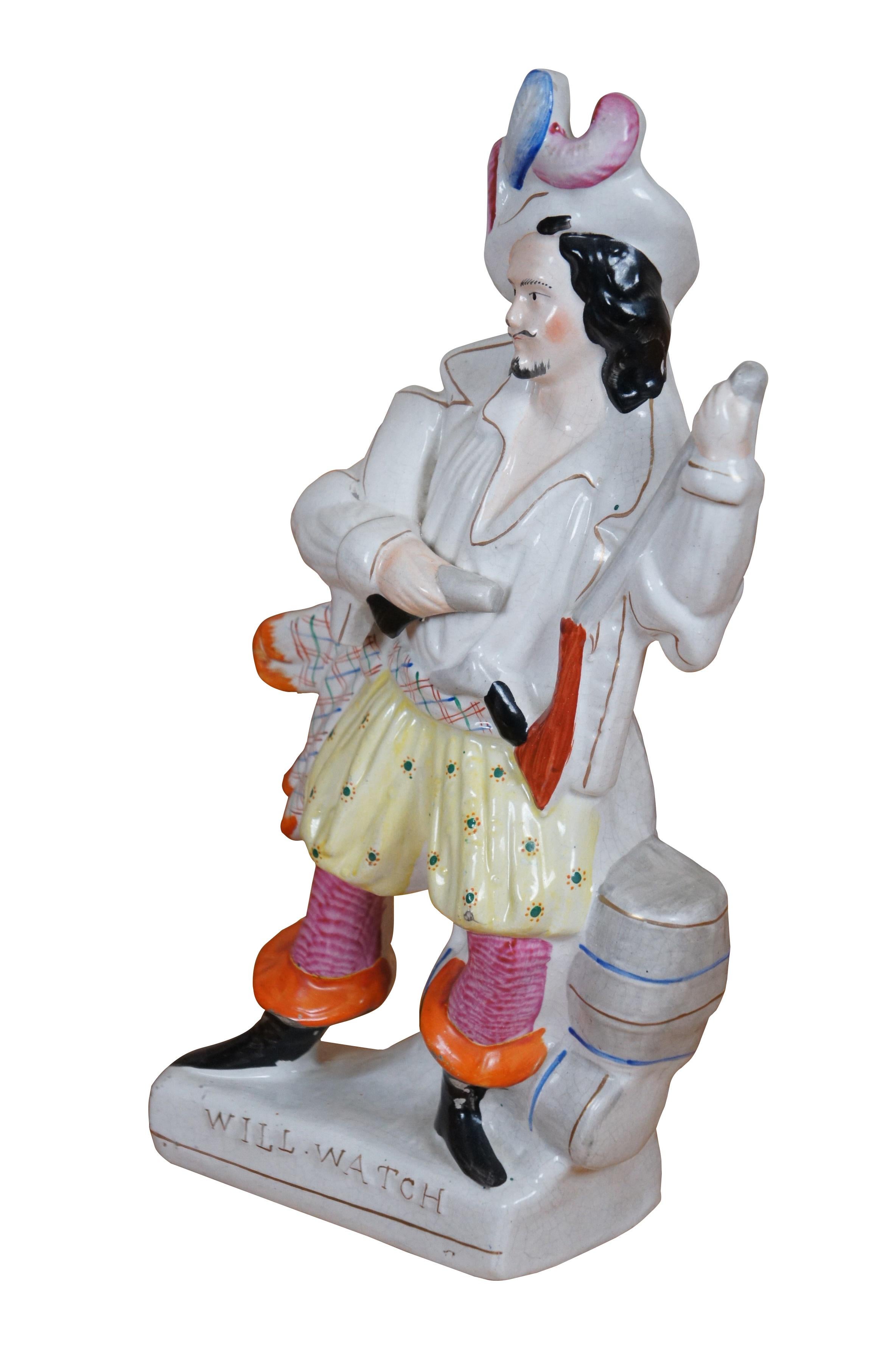 Antica statuetta in porcellana dello Staffordshire del XIX secolo raffigurante il contrabbandiere/stradaiolo inglese Will Watch, in posa con armi / fucile / pistola e barili.  Questa figura è nota anche come contrabbandiere e pirata audace.  Circa