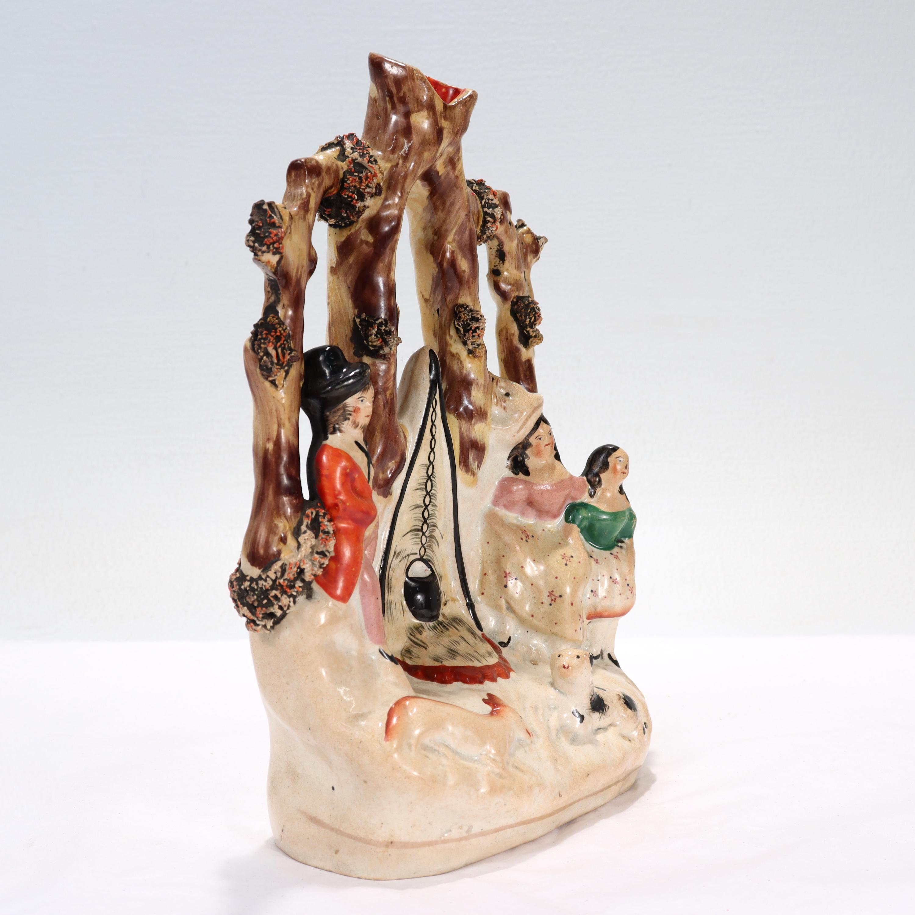 Antique Staffordshire Pottery Flat Back Figurine of a Gypsy Camp with Campfire For Sale 1