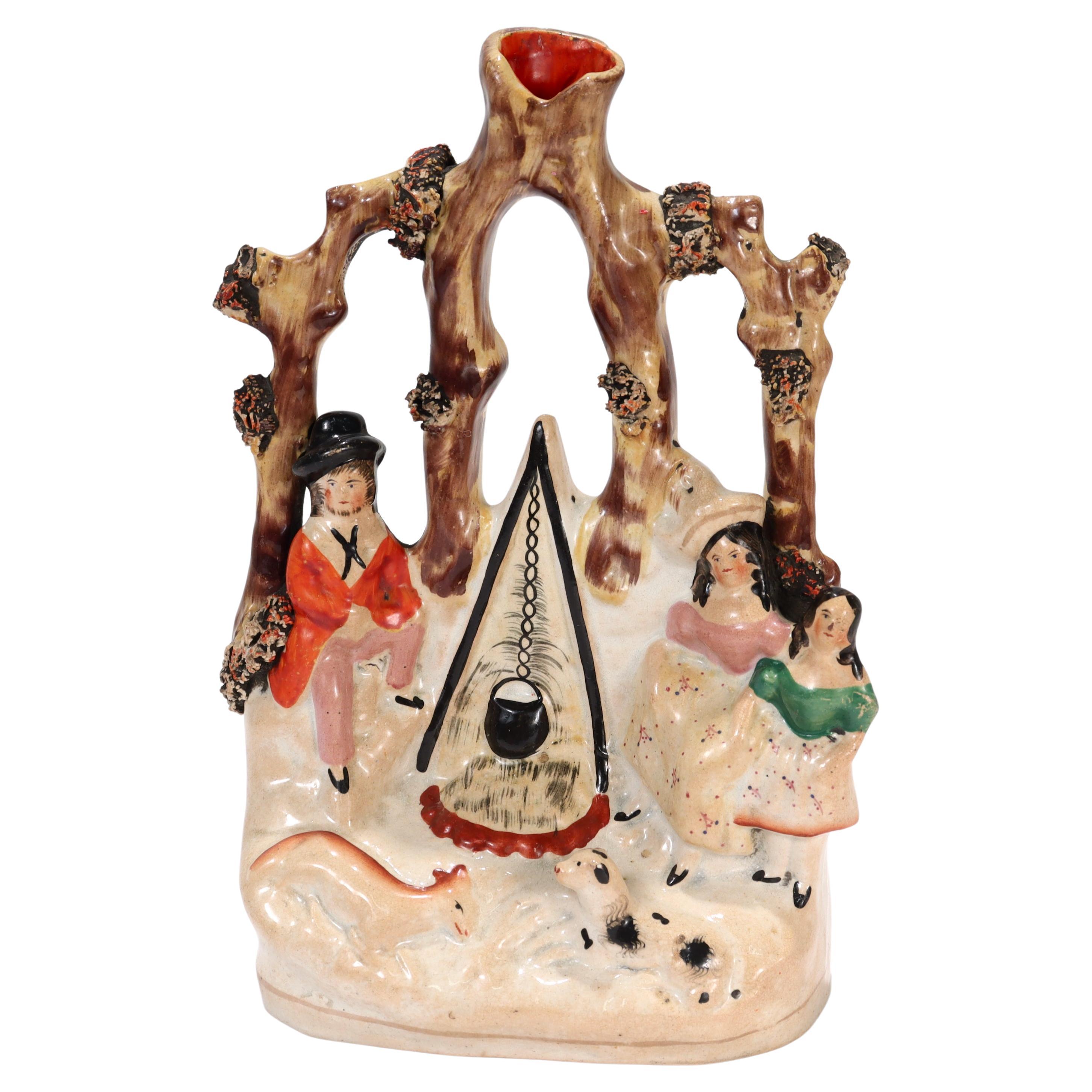 Antique Staffordshire Pottery Flat Back Figurine of a Gypsy Camp with Campfire For Sale