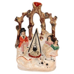 Antique Staffordshire Pottery Flat Back Figurine of a Gypsy Camp with Campfire