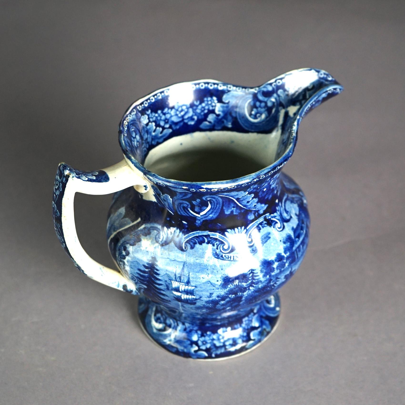 Antique Staffordshire Pottery Flow Blue Historical Pitcher & Cup with Ship 19thC 5