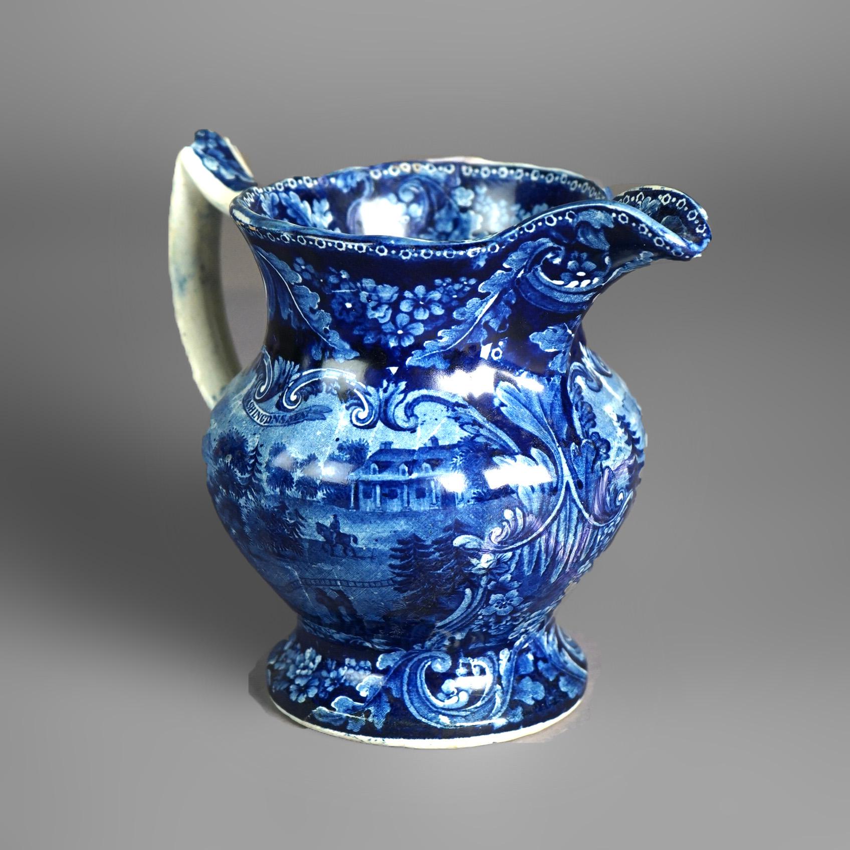 Antique Staffordshire Pottery Flow Blue Historical Pitcher & Cup with Ship 19thC 5