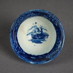 Antique Staffordshire Pottery Flow Blue Historical Pitcher & Cup with Ship 19thC