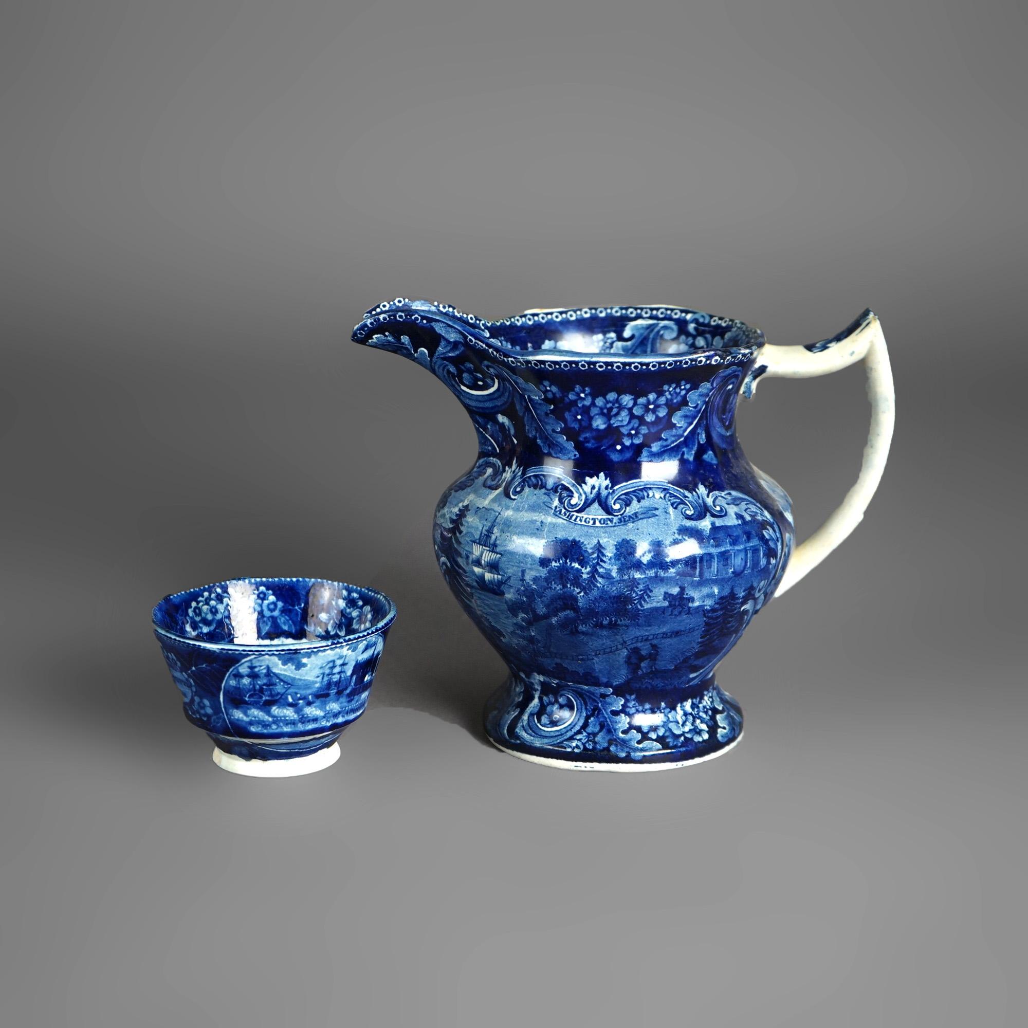 19th Century Antique Staffordshire Pottery Flow Blue Historical Pitcher & Cup with Ship 19thC