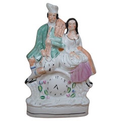 Antique Staffordshire Scottish Highland Couple Bag Pipes Clock Figurine 14"
