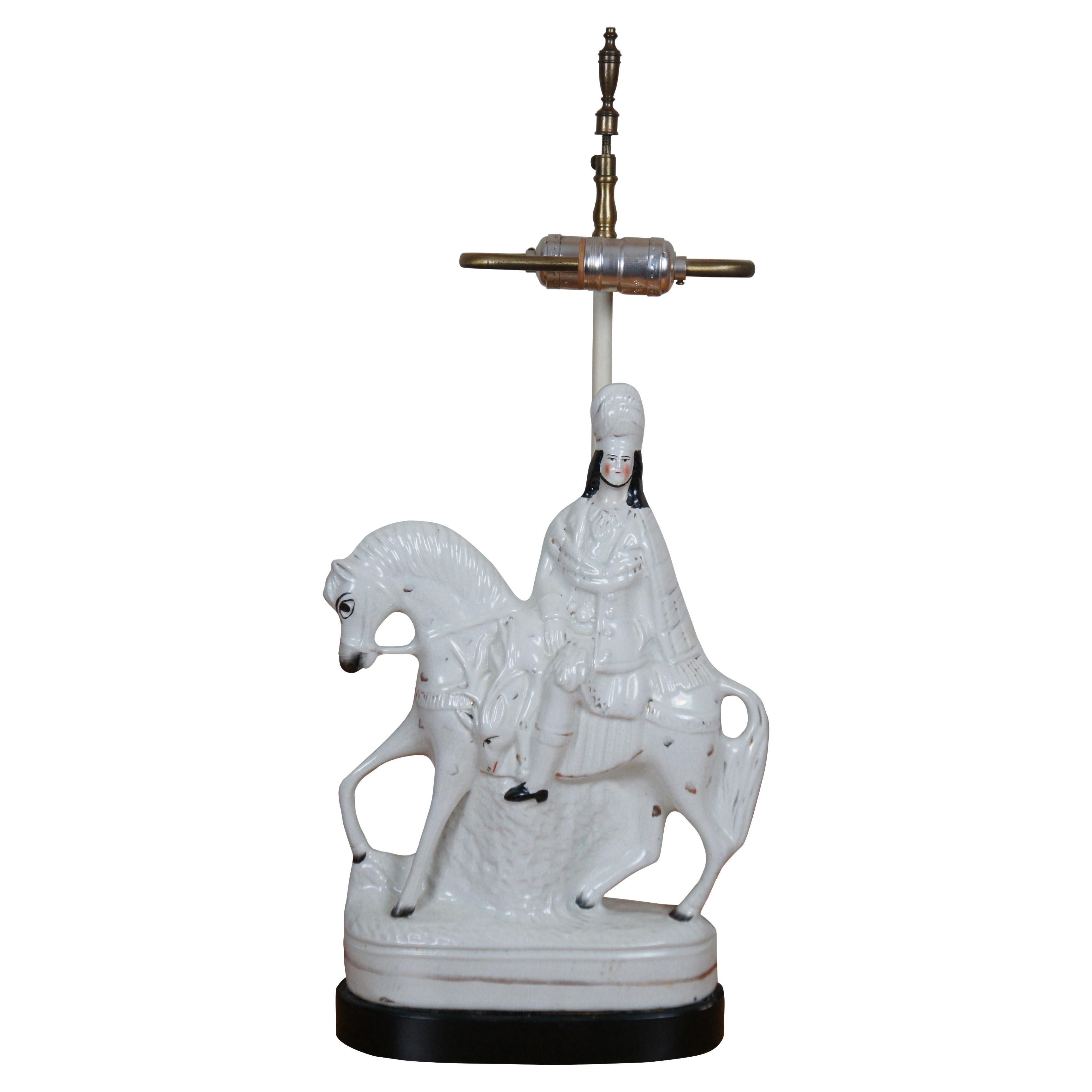 Antique Staffordshire Scottish Highlander Horse Deer Stag Hunt Table Lamp 24"