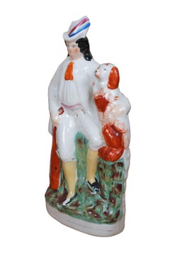 Antique Staffordshire Troubadour Man & King Charles Spaniel Figurine 13"