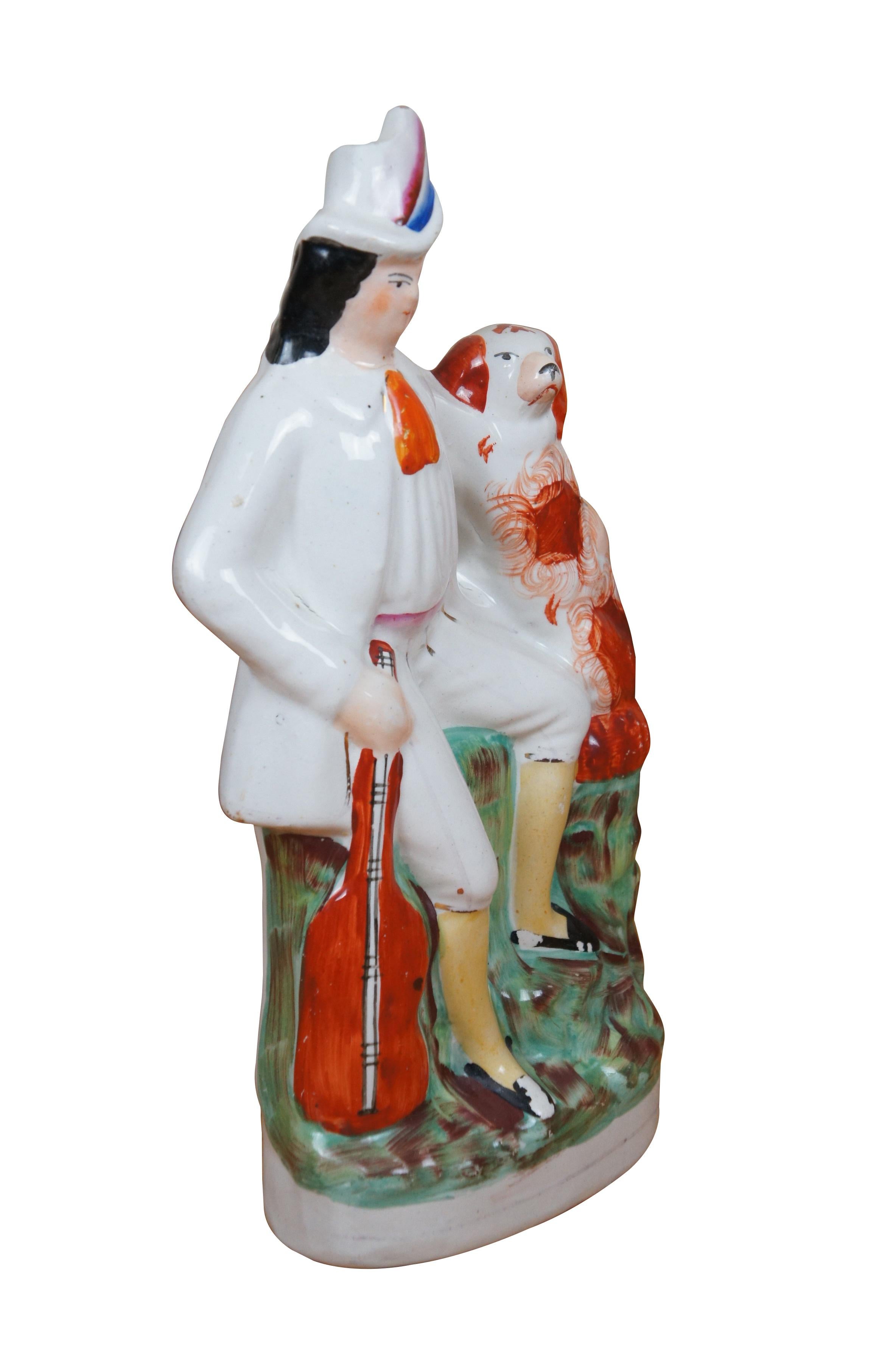 Vittoriano Antico Staffordshire Troubadour Man & King Charles Spaniel Figurina di 13