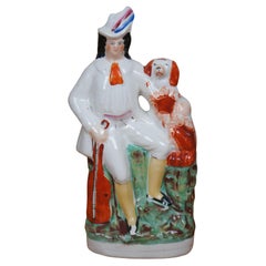 Antique Staffordshire Troubadour Man & King Charles Spaniel Figurine 13"