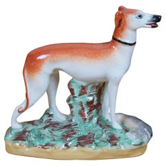 Antique Staffordshire Whippet Greyhound Rabbit Hunting Dog Figurine 7"