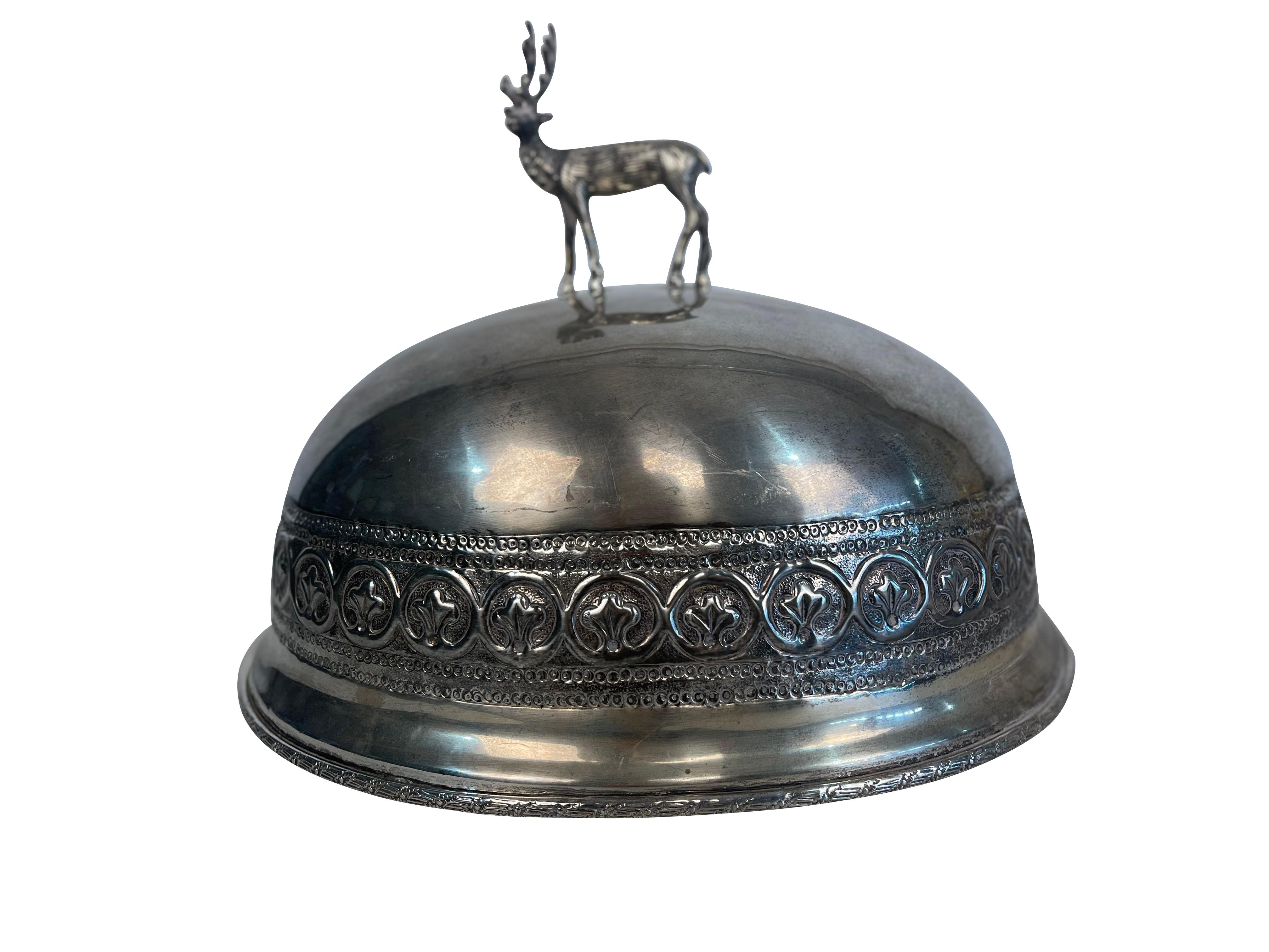 Silver Plate Antique Stag Covered Silverplate Meat Dome For Sale