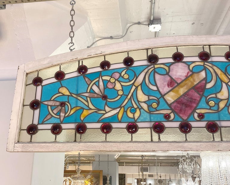 American Antique Stained Glass Arch Window Crammed with Jewels For Sale