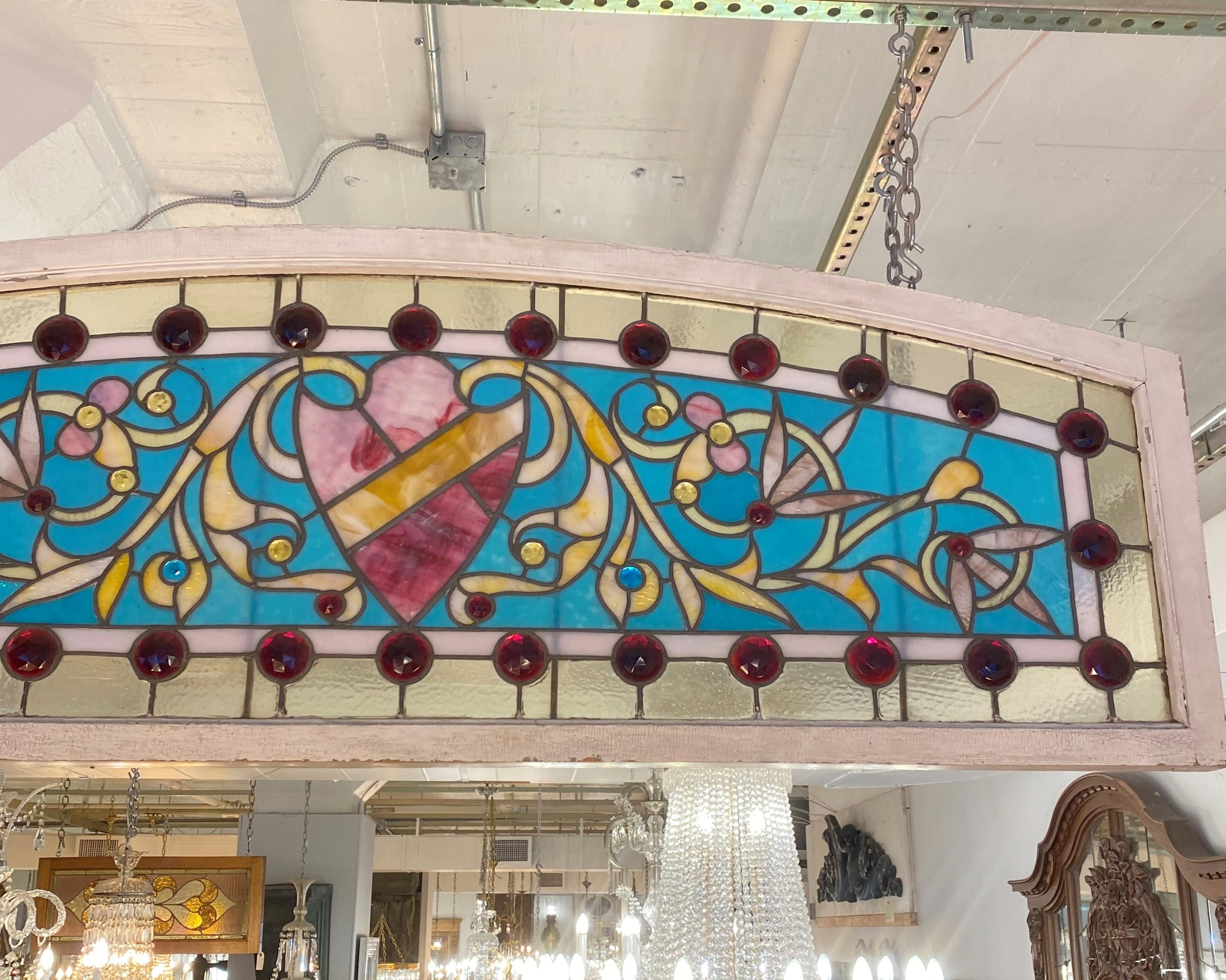 Antique Stained Glass Arch Window Crammed with Jewels In Good Condition For Sale In New York, NY