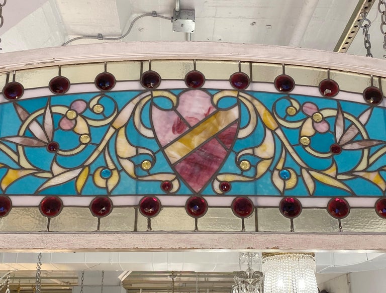 20th Century Antique Stained Glass Arch Window Crammed with Jewels For Sale