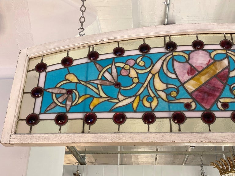 Antique Stained Glass Arch Window Crammed with Jewels For Sale 1