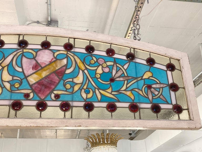 Antique Stained Glass Arch Window Crammed with Jewels For Sale 2