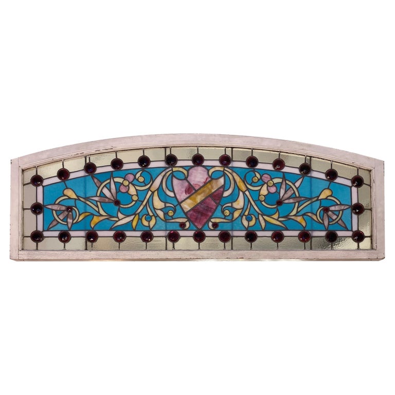 Antique Stained Glass Arch Window Crammed with Jewels For Sale