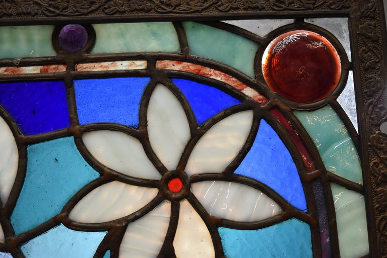 Antique Stained Glass Ceiling Light or Wall Panel Jewels and Rondels